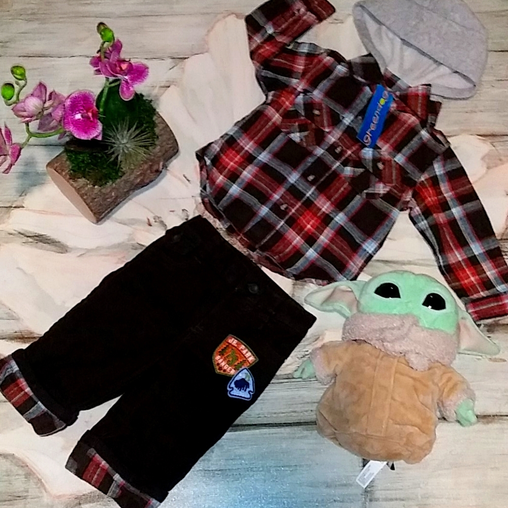Warm Plaid Greendog Baby Boy Matching Set.